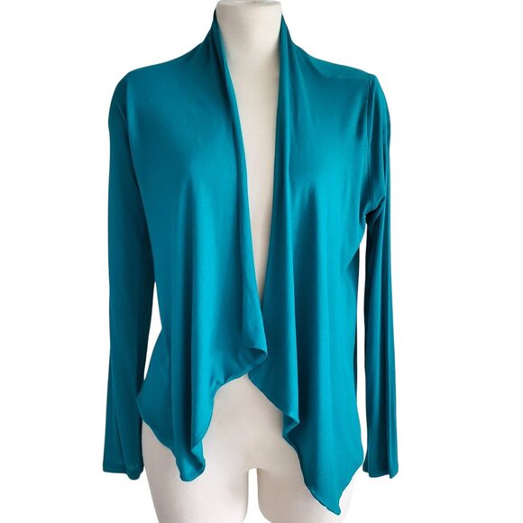 Amber Blue Deep Turquoise Waterfall Open Front Lightweight Knit Cardigan Size M - Picture 1 of 12